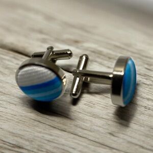 *5A Blue and Silver Cufflinks blue white round  fabric layer